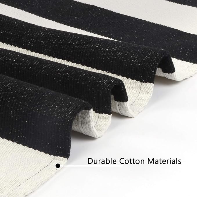 LEEVAN Black and White Striped Door Mat 2'x4' Washable Front Porch Rug Cotton Woven Reversible Rugs Farmhouse Black Outdoor Rug Indoor/Outdoor Welcome Doormat White Entryway Throw Rugs