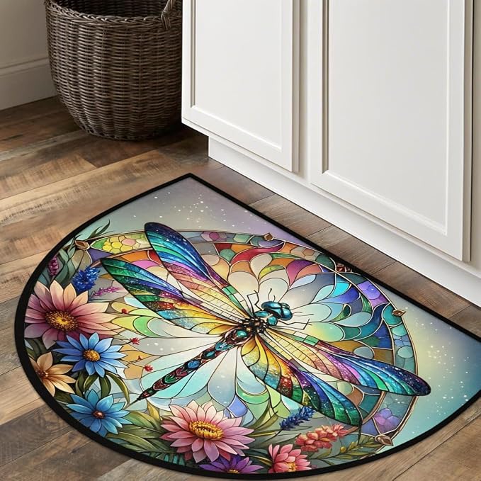 Half Round Door Mat Dragonfly Rainbow Animal Half Moon Rug Flower Glass Washable Half Circle Area Rugs Indoor Entrance Non Slip Semi Circle Bathroom Rugs Floor Carpet for Kithen Bedroom Decor