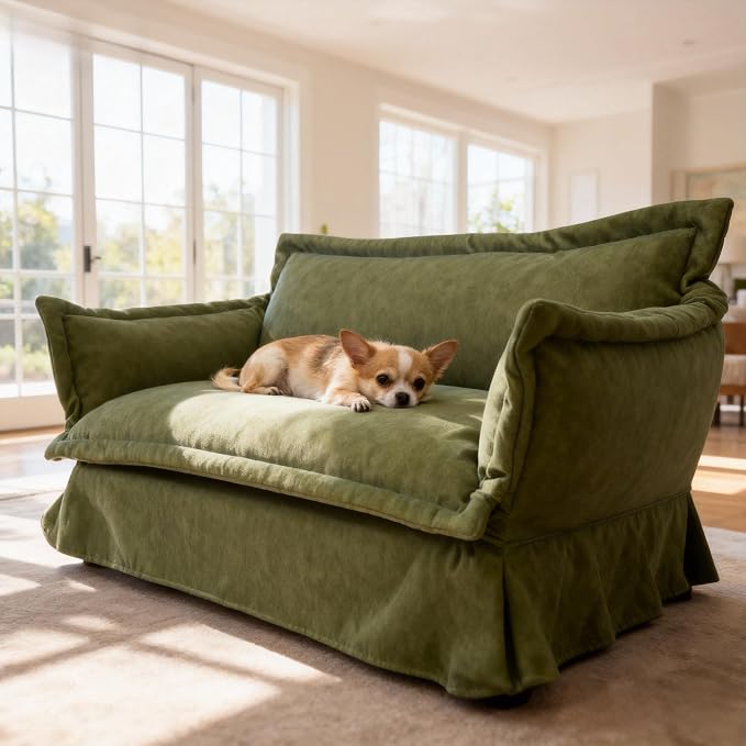 2-in-1 Human & Pet Dog Sofa, Solid Pine Wood Frame with Supportive Foam, Indoor Modern Pet Furniture(Green)