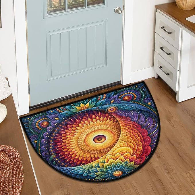 Flower Half Round Door Mat Semi Moon Rug Fireplace Carpet Area Rugs | Boho Decorative Non Slip Absorbent Half Circle Mat Carpet for Indoor Outdoor Patio Kitchen Bathroom Entryway Home Decor