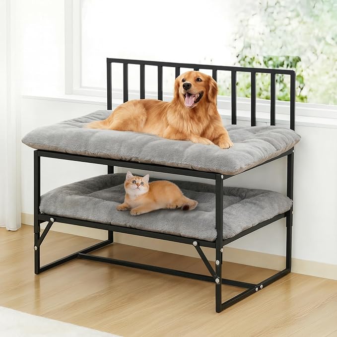 Leinuosen Adjustable Bedside Dog Bed for Large Dogs, 44"x39" Metal Co Sleeper Frame with Storage Shelf, Washable Cushion, 300 lb Capacity, Black