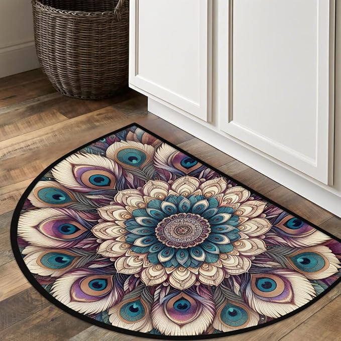Ethnic Half Round Doormat Semi Circle Rug Half Moon Rug Entryway Mat | Mandala Peacock Washable Non Slip Outdoor Floor Rug Kitchen Mat for Indoor Outdoor Bathroom Fireplace Bath Decor