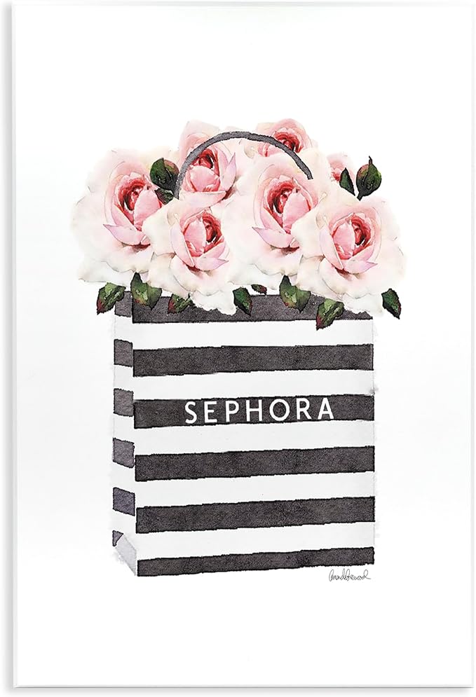 Striped Makeup Bag with Pink, 10 x 15 Inch Mounted Print on Wall Plaque | Stupell Industries · By Amanda Greenwood · Hand finished · Ready to hang once unboxed · Made in USA