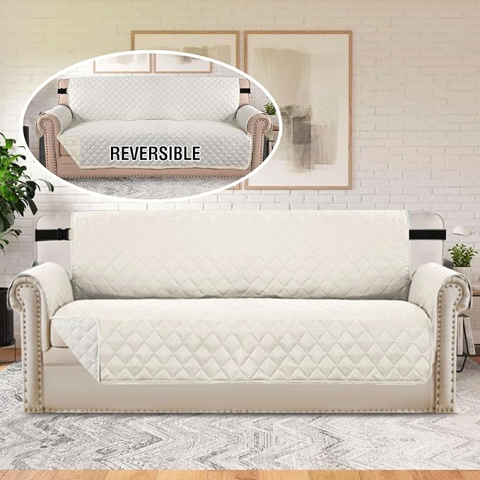 H.VERSAILTEX Reversible Couch Cover for 3 Cushion Cover Pet Friendly Sofa Cover for Dog Washable Furniture Protector Water Resistant Slipcover with Non Slip Elastic Strap(Sofa, Ivory/Beige)