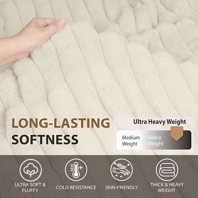 DEZ FURNISHINGS Luxury Reversible Textured Stripe Faux Fur & Velvet Throw Blanket, Twin (66" x 90"), Taupe