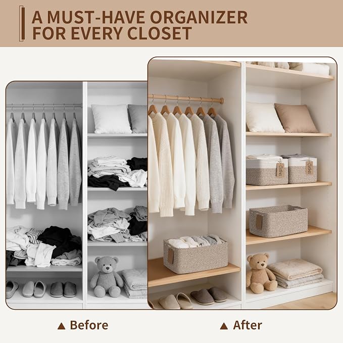 Goodpick 4 Pack Storage Baskets for Organizing Shelves, Light Brown & White | 13" x 8" x 6" Woven Rope Baskets for Baby Toys & Diapers, Decorative Gift Basket for Home & Nursery, Rectangle Design
