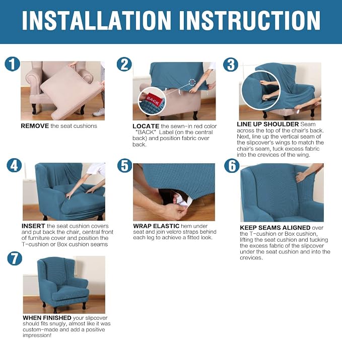 H.VERSAILTEX 2 Piece Stretch Jacquard Wingback Chair Covers Slipcovers Wing Chair Covers (Base Cover Plus Seat Cushion Cover) Furniture Covers for Wingback Chairs, Form Fitted Thick Soft, Dusty Blue