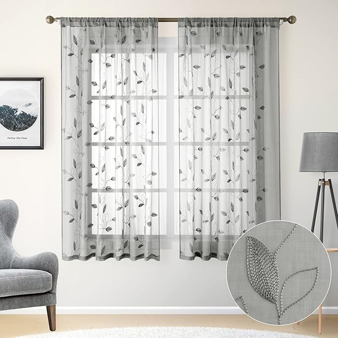 HOMEIDEAS Light Grey/Gray Sheer Curtains 52 X 63 Inches Length 2 Panels - Image 2