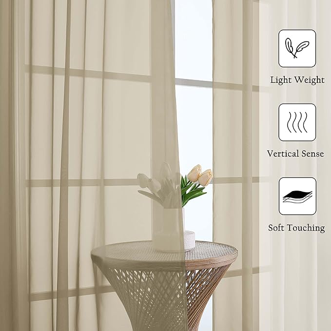 Lecloud Taupe Sheer Curtains 120 Inches Long 2 Panels Set, Rod Pockets Light - Image 2