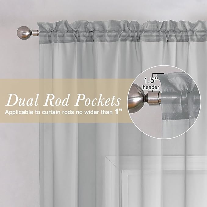 Lecloud Light Grey Sheer Curtains 90 Inches Long 2 Panels, Light Filtering Voile Airy Curtains, Elegant Transparent Solid Window Treatments with Rod Pocket for Living Room Bedroom, Each 42" W x 90" L