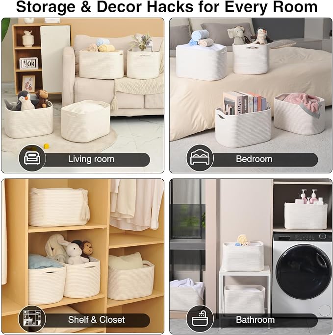 ICERZCZ Woven Cotton Rope Storage Baskets for Organizing & Shelves, Organization Bins for Dog Toys, Clothes, Books, Nursery Organizer, 15"x11"x9", Off White (4 Packs)