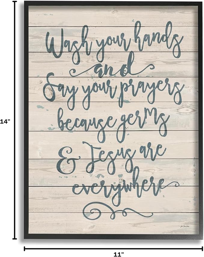 Stupell Industries 'Blue Script Germs and Jesus Cursive Planked Look Typography', Framed Giclee Art, Black, 11 x 14 Inches, Easy to Hang and Sturdy, Made in USA, by Jo Moulton