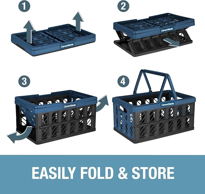 CleverMade Collapsible Shopping Basket, 24L, 3 Pack, Stone | Rigid walls protect groceries and supplies. Each basket carries 25 lb, stacks securely, and folds to 2.25 inches.