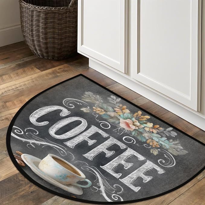 Pardick Half Round Door Mat Vintage Coffee Flower Anti-Slip Semi Circle Rug 24X36 Indoor Door Mat Half Moon Bath Mats, Washable Decorative Welcome Floor Mats for Kitchen Bathroom Hearth Fireplace,Q-4