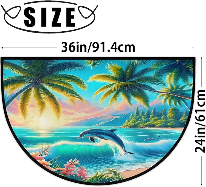 Dolphin Beach Palm Trees Half Round Mat Half Moon Door Rug Washable Durable Semi Circle Carpet Floor mats for Indoor Outdoor Bathroom Kitchen Patio Hearth Rug Laundry Room Home Decoration