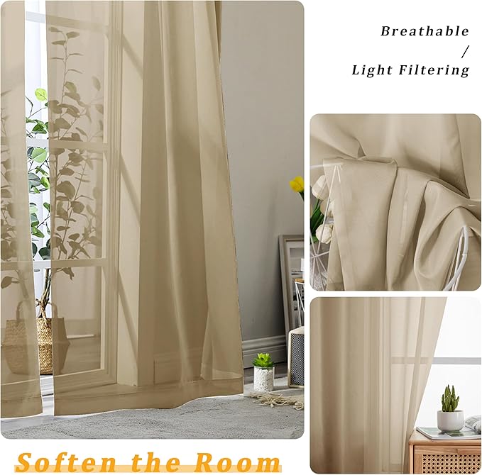 Gwine Taupe Sheer Curtains 84 Inches Long 2 Panels Set - Image 3