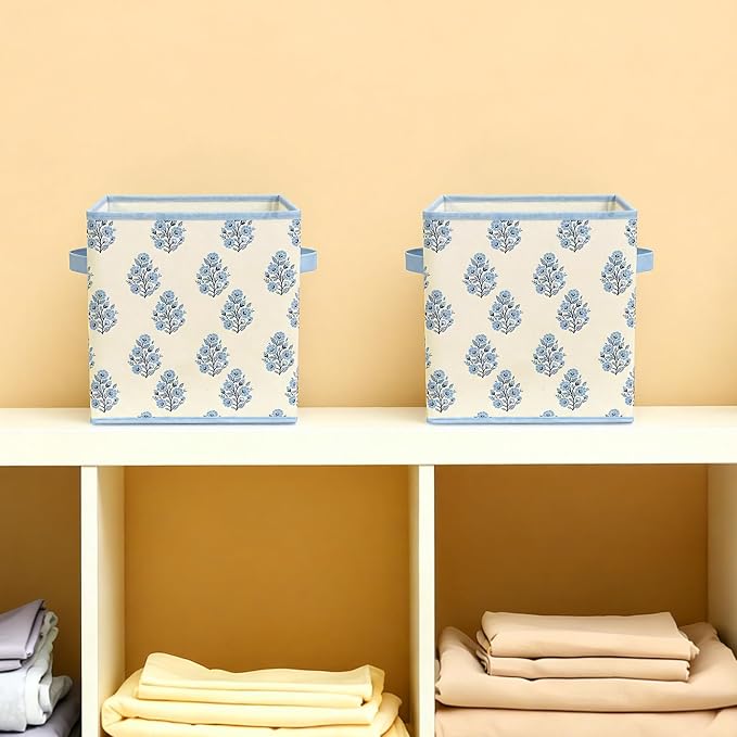 Bokon 6 Pcs 11 Inch Blue Block Print Floral Storage Bins Cube with Handles Blue Flower Fabric Storage Basket Bins Collapsible for Home Office Classroom Shelves Closets Clothes