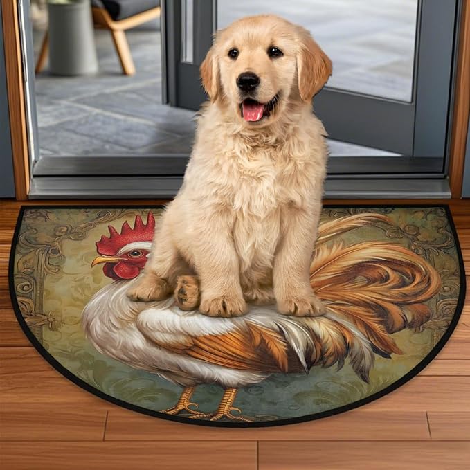 Rooster Half Round Doormat Semi Circle Rug Half Moon Rug Entryway Mat | Rooster Vintage Washable Non Slip Outdoor Floor Rug Kitchen Mat for Indoor Outdoor Bathroom Fireplace Bath Decor