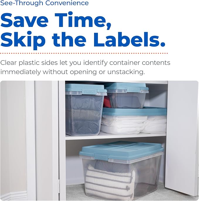 Hefty 6 Pack Lift Off Storage Bin with Lid, 32 Quart, Smoke Blue | Stackable Clear Plastic Container Totes for Home, Office, and Classroom Organization