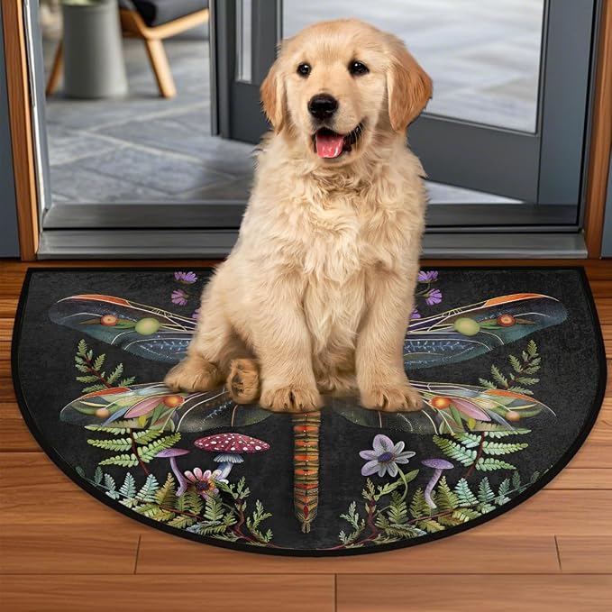 Dragonfly Half Round Doormat Semi Circle Rug Half Moon Rug Entryway Mat | Animal Dragonfly Washable Non Slip Outdoor Floor Rug Kitchen Mat for Indoor Outdoor Bathroom Fireplace Bath Decor