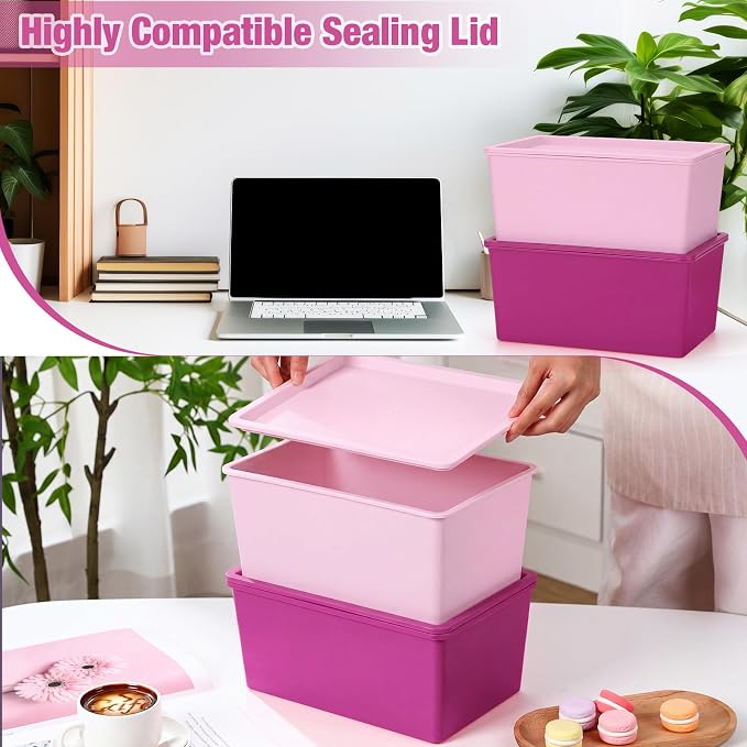 Menkxi 6 Pcs Storage Bins with Lids Small Plastic Storage Containers Stackable Storing Baskets Box Cute Organizer Bins for Organizing Shelves (Pink Series)