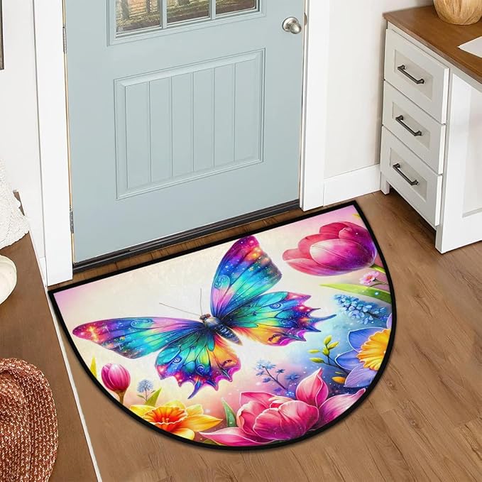Butterfly Half Round Door Mat Non-Slip Semi Circle Rug Half Moon Doormat | Rainbow Butterfly Soft Washable Welcome Entrance Mat for Outdoor Indoor Floor Bedroom Bathroom Home Kitchen Festival Decor