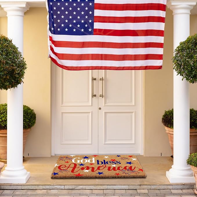 Ceenna 4th of July Patriotic Coir Door Mat Outdoor Red White Blue God Bless American Welcome Rug Patriotic Doormat Non-Slip Entrance Rugs for Independence Day Memorial Day Home Decor 16 x 28 Inch