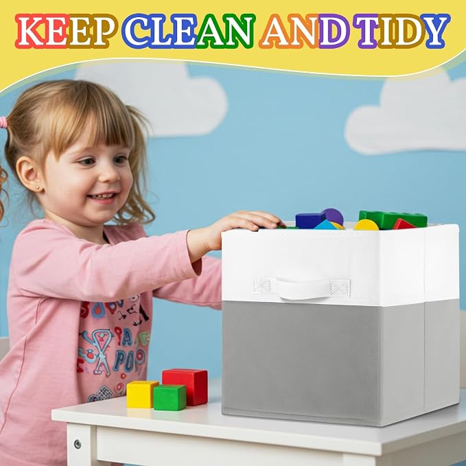 Yinder 6 Pcs Cube Storage Bin White Gray 10.5''x10.5''x11'' Storage Bins for Playroom Decor Colorful Bins for Kids Foldable Baskets for Nursery Organizer Boxes Fabric Boxes