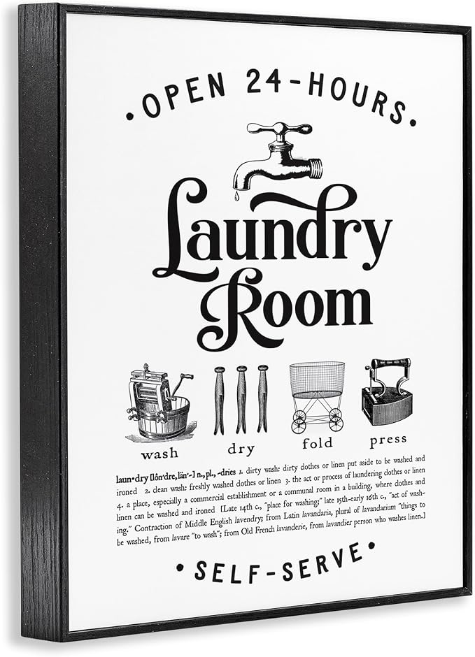 Stupell Industries Vintage Laundry Room Definition Wash Dry Fold, Designed by Lettered and Lined Black Framed Wall Art, White