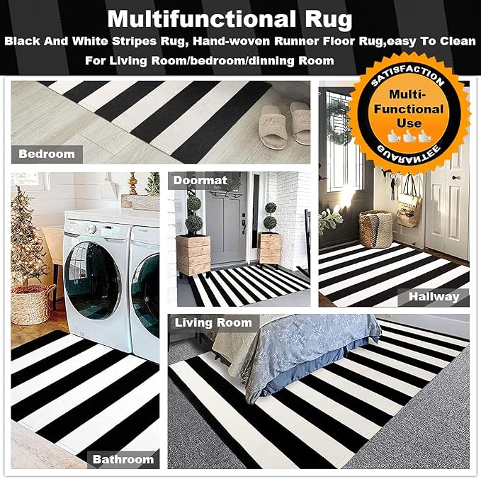 KaHouen Black and White Striped Rug 35.4 x 59 Inches, Indoor Front Porch Stripe Rug, Woven Washable Hand-Woven Stripe Outdoor Rugs for Layered Door Mats, Front Porch,Farmhouse,Kitchen...