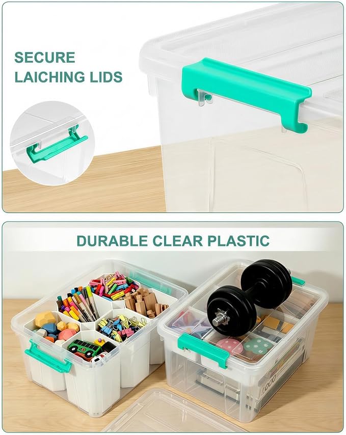 NUMIFUN 17QT Clear Storage Bins with Lids & Dividers for Crafts | Stackable 17-quart transparent box featuring 6 tall removable inserts. Perfect for organizing crafts, tools, toys & crayons