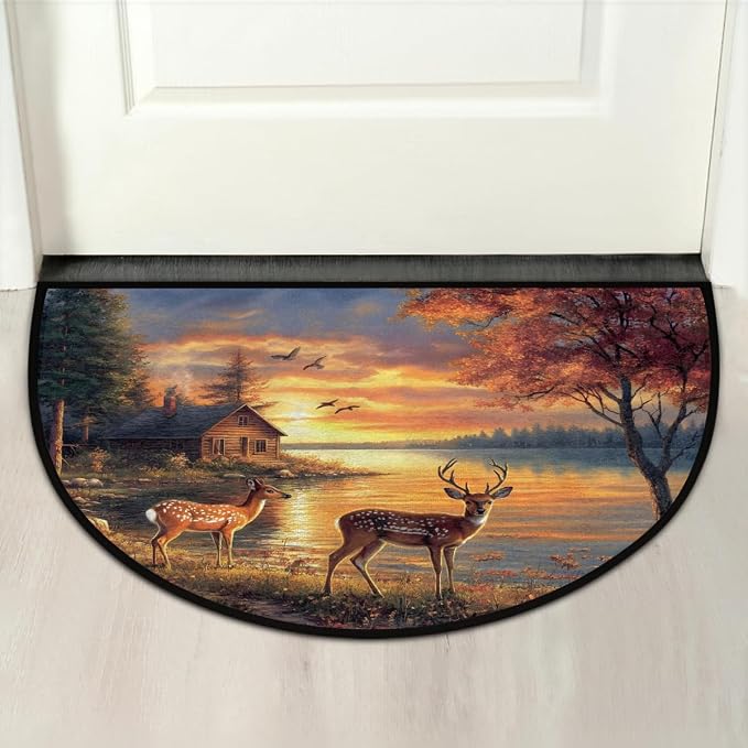 cfpolar Half Round Door Mat Animals Forest Deer Autumn Non-Slip Semi Circle Area Rug Washable Half Moon Hearth Rugs for Indoor Outdoor Bathroom Kitche