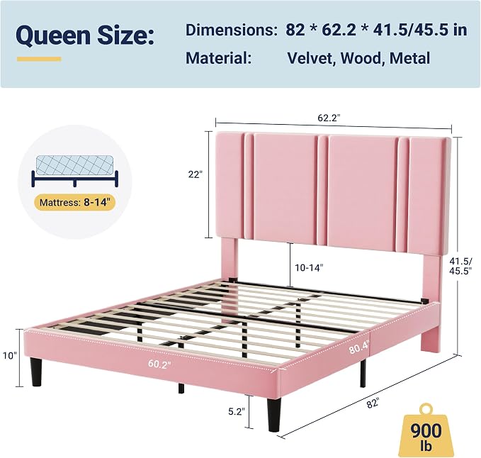 Allewie Queen Platform Bed Frame with Adjustable Headboard | Plush Velvet Upholstered, Vertical Channel Tufted, Sturdy Wood Slats, No Box Spring Needed, Easy Assembly, Pink