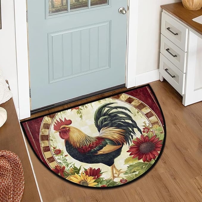 Half Round Door Mat Rooster Chicken Flower Semi Circle Area Rug Half Moon Hearth Rugs Runner Mat for Bathroom Kitchen Patio Laundry Room