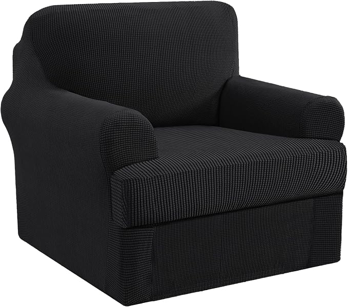 H.VERSAILTEX Stretch Armchair Covers Slipcover 2 Piece Chair Covers for Living Room Furniture Cover Suit for T Cushion/Box Cushion, Spandex Jacquard Fabric Small Checks(Armchair-Standard, Jet Black)