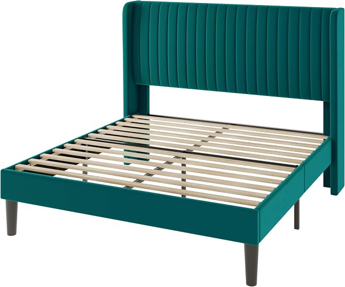 Allewie Queen Size Bed Frame/Velvet Upholstered Platform Bed/Vertical Channel Tufted Wingback Headboard/Strong Wooden Slats/No Box Spring Needed/Easy Assembly/Teal