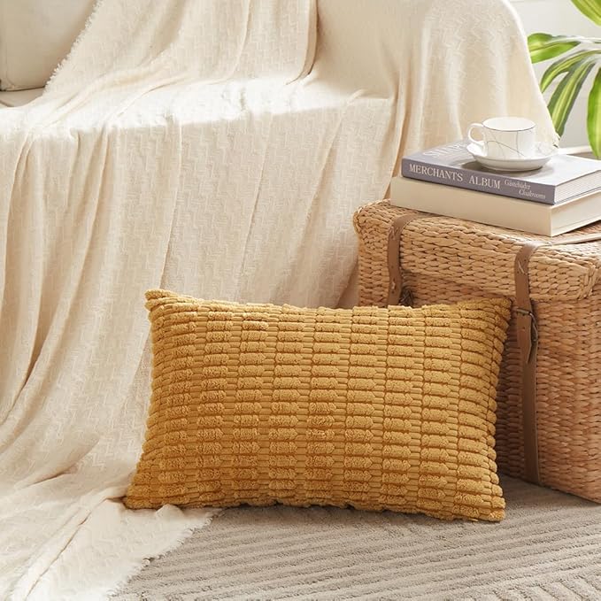 Fancy Homi 4 Packs Mustard Yellow Decorative Throw Pillow Covers 12x20 Inch for Living Room Couch Bed Sofa, Rustic Farmhouse Boho Home Decor, Soft Plush Striped Corduroy Square Cushion Case 30x50 cm