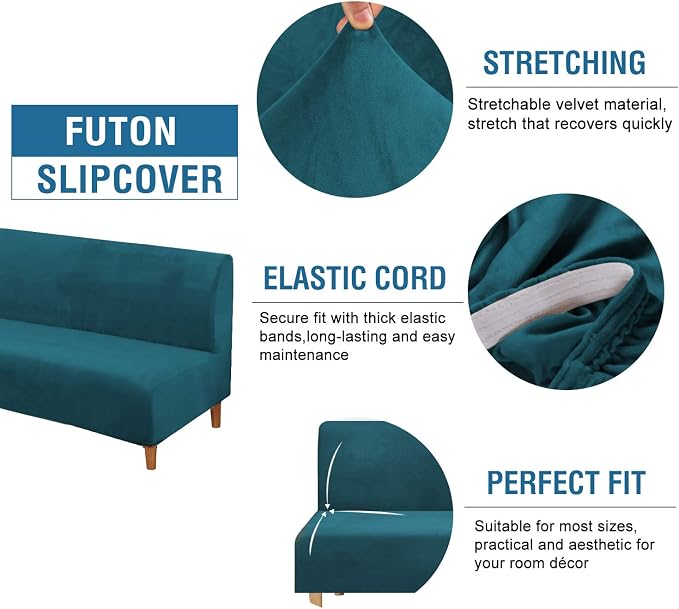 H.VERSAILTEX Real Velvet Futon Cover Armless Sofa Covers Sofa Bed Covers Stretch Futon Couch Cover Sofa Slipcover Furniture Protector Thick Soft Velvet Fabric Form Fitted Stay in Place, Deep Teal