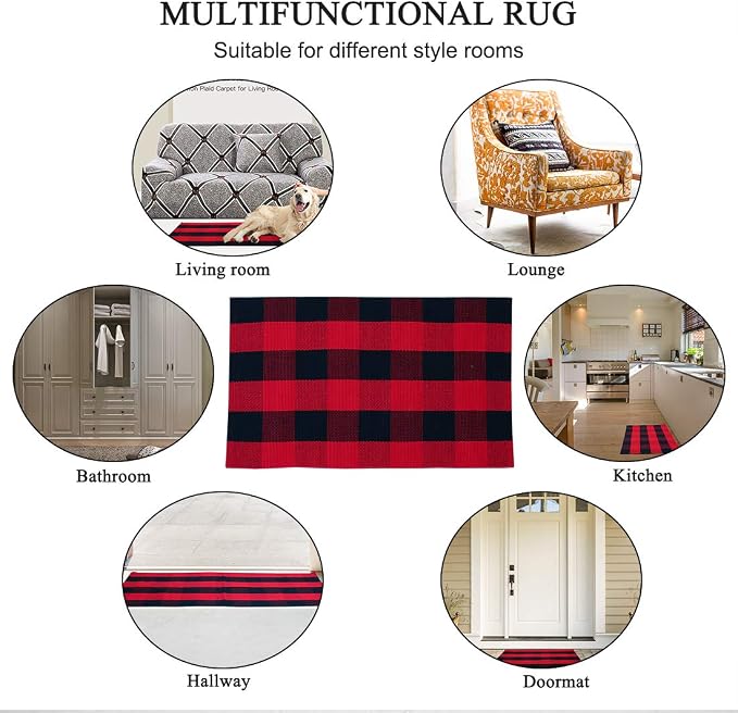 uxcell Buffalo Check Rug,Plaid Outdoor Rug,Layered Door Mat,Cotton Gingham Rugs,Floor Mat for Front Porch/Runner/Bedroom/Kitchen/Farmhouse 35"x24" Red & Black