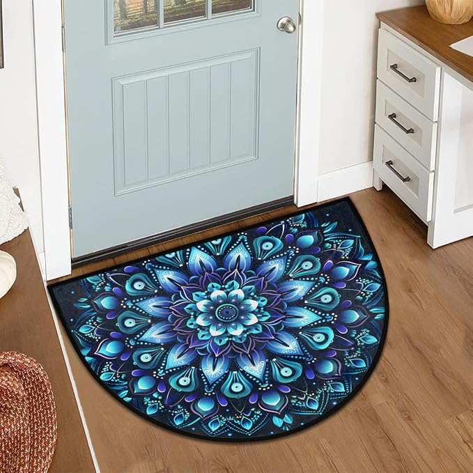 Half Round Door Mat Mandala Ethnic Flower Half Moon Rug Ethnic Mandala Washable Half Circle Area Rugs Indoor Entrance Non Slip Semi Circle Bathroom Rugs Floor Carpet for Kithen Bedroom Fireplace Decor