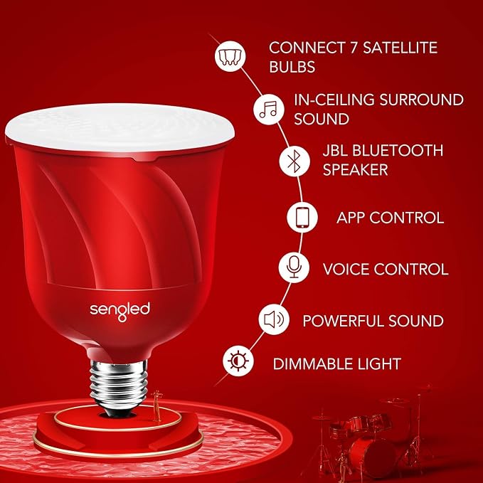 Sengled Pulse LED Smart Bulb with JBL Bluetooth Speaker, App Controlled Up to 8 BR30 LED Light Bulbs with Starter Kit, E26 Base, Compatible with Amazon Alexa, Candy Apple Red, 2 Pack