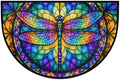 Dragonfly Half Round Door Mat Outdoor Doormat Bedroom Entrance Rug A6 | Dragonfly Colored Glass Painting Semi Moon Door Mat Non-Slip Absorbent Kitchen Rug Indoor Welcome Bath Mat 36" X 24"