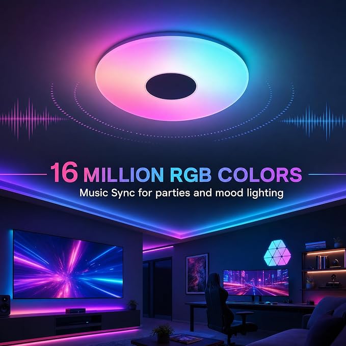 Upgrade 15 inch Dimmable LED Music Ceiling Light with Bluetooth Speaker 24W, Bluetooth Control via Smart Phone APP, Flush Mount Ceiling Light Family Bedroom (Remote Includes)
