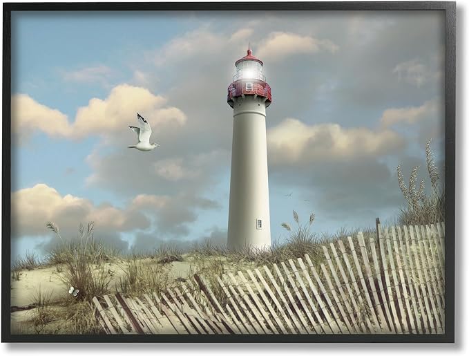 Stupell Industries 'Cape May Sand Dune Fence Lighthouse Beach Scene with Seagull', Framed Giclee Art, Black, 20 x 16 Inches, Easy to Hang and Sturdy, Made in USA, by Alan Giana & Company