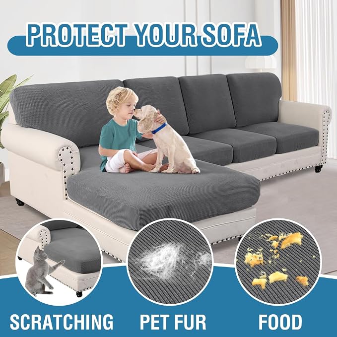 H.VERSAILTEX Sectional Couch Covers 8 Pieces Stretch Sofa Covers for Sectional Sofa Set Separate L Shaped Couch Cover for Both Left/Right Couch (Seat and Back: 1 Chaise + 3 Sofa, Grey)