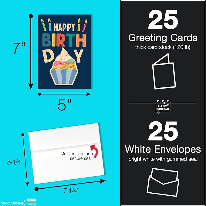 Happy Birthday Cards with Envelopes (Delicious) Bulk 25 Pack of Greeting Cards with Envelopes (5x7 inch - A7) Office, Work, Employees & Clients (B2407) Made in USA