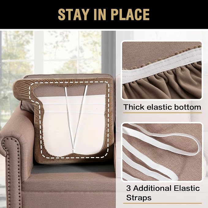 H.VERSAILTEX Stretch Velvet 2 Piece T Cushion Sofa Slipcovers - Individually Fitting Cushion Covers for 2 Cushion Couch - Stay in Place (Camel)