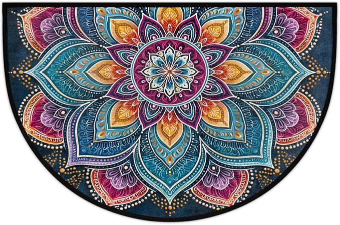 Mandala Half Round Door Mat Semi Moon Rug Fireplace Carpet Area Rugs | Color Art Non Slip Absorbent Half Circle Mat Carpet for Indoor Outdoor Patio Kitchen Bathroom Entryway Home Decor