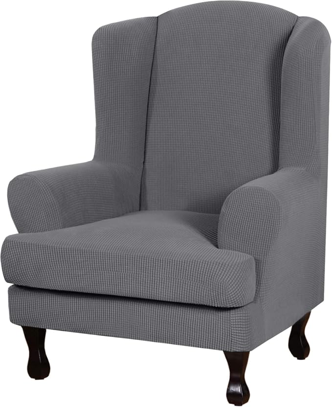 H.VERSAILTEX 2 Piece Stretch Jacquard Wingback Chair Covers Slipcovers Wing Chair Covers (Base Cover Plus Seat Cushion Cover) Furniture Covers for Wingback Chairs, Form Fitted Thick Soft, Grey