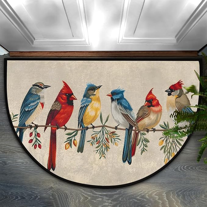 Bird Half Round Doormat Non-Slip Semi Circle Rug Half Moon Mat | Color Retro Bird Washable Soft Absorbent Indoor Outdoor Entrance Kitchen Bathroom Sink Patio Welcome Fireplace Floor Rug
